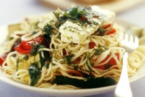 spaghetti-with-vegetables-goat-cheese-and-mint-578144